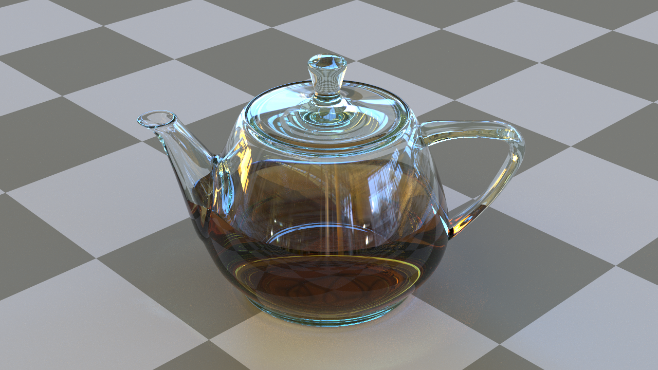 Tinted glass teapot full of volumetrically absorbing tea.
